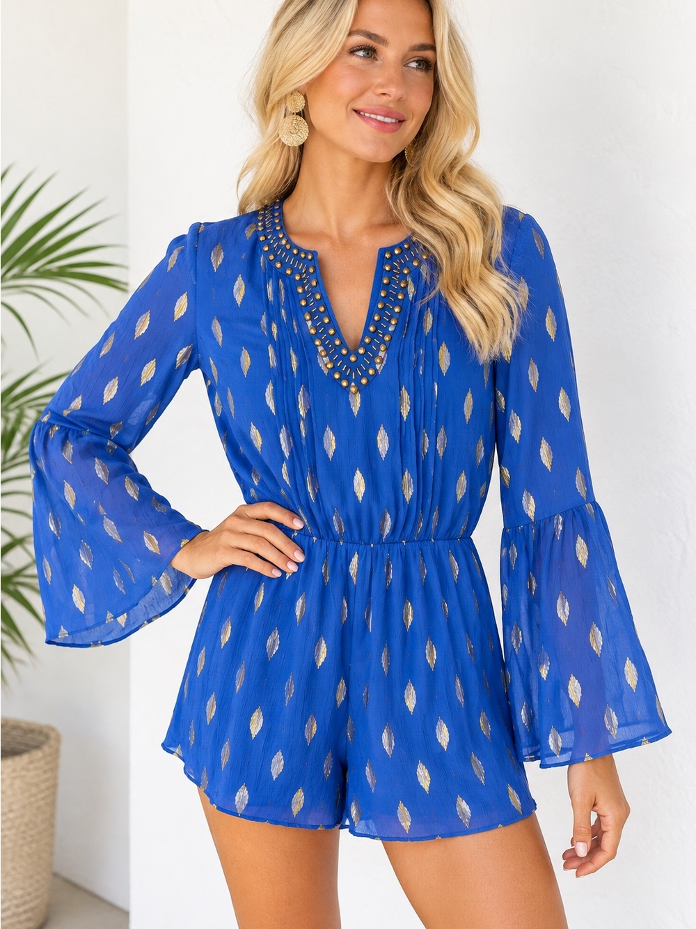 Lilly Pulitzer Blue Metallic Gold Silver Romper XXS Long Sleeve Boho